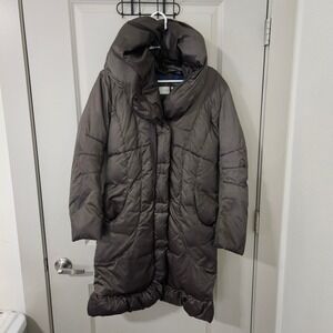 Tahari Womens Down Puffer Coat Brown Shawl Collar Ruffle Hem Parka Jacket Size M